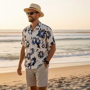 ZARA WHITE/BLUE Sz XL Silky‎ Hawaiian Shirt Button Cruise Vacation Wear